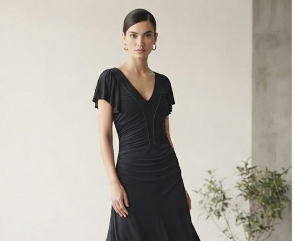 Zara Black Draped Mini Dress Size M Flutter Sleeve Ruched V-Neck Cocktail Party
